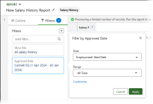 Screenshot showing date filter with current employment start date selected and range set to all time